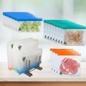 Resealable Food Storage Bags Leak-Proof with Drying Rack, Reusable Freezer Bag, Reusable Gallon Freezer Bags Extra Thick, Reusable Snack Bag