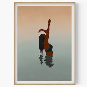 Mid Century Modern Black Woman in Sea, Boho Wall Art, Black Girl Poster, Fashion Print, Earth Tones, African Female Art, Woman Illustration
