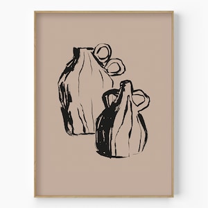 Ilustración mínima de jarrón boho, arte de pared de jarrón de cerámica, plantilla de carteles interiores, estilo minimalista moderno, tinta moderna de mediados de siglo