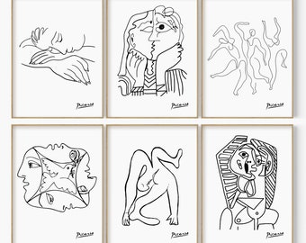 May include: Set of six black and white line art prints featuring abstract figures and faces by Pablo Picasso. Each print has the artist's name "Picasso" at the bottom.
