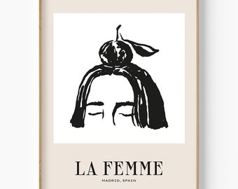 Impresión artística minimalista de mujer con manzana en la cabeza (descarga digital)