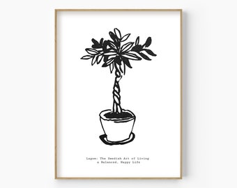 Impresión de flores en maceta en blanco y negro, arte minimalista moderno (descarga digital)