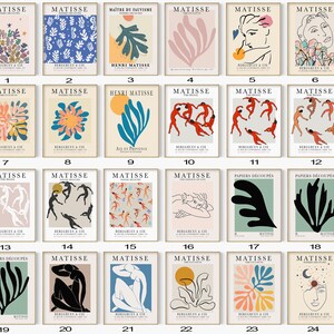 May include: A set of 24 printable art prints featuring abstract designs by Henri Matisse. The prints are in a variety of colors, including pink, blue, green, yellow, and red. The prints are all framed in a simple white frame. The prints are numbered 1 through 24.