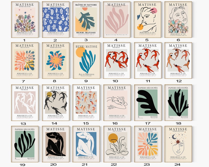 May include: A set of 24 printable art prints featuring abstract designs by Henri Matisse. The prints are in a variety of colors, including pink, blue, green, yellow, and red. The prints are all framed in a simple white frame. The prints are numbered 1 through 24.
