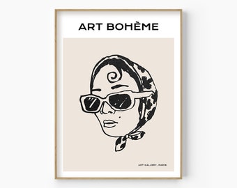 Impresión de boceto de mujer retro con gafas de sol, arte abstracto moderno (descarga digital)