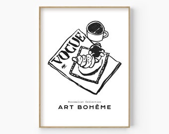 Black and White Line Drawing Vogue Magazine Illustration, Boho Vogue Journal Poster, Coffee and Break Poster, Croissant and Coffee Wall Art