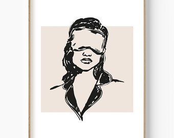 Dibujo a tinta de una mujer con antifaz para dormir, arte minimalista para dormitorio (descarga digital)