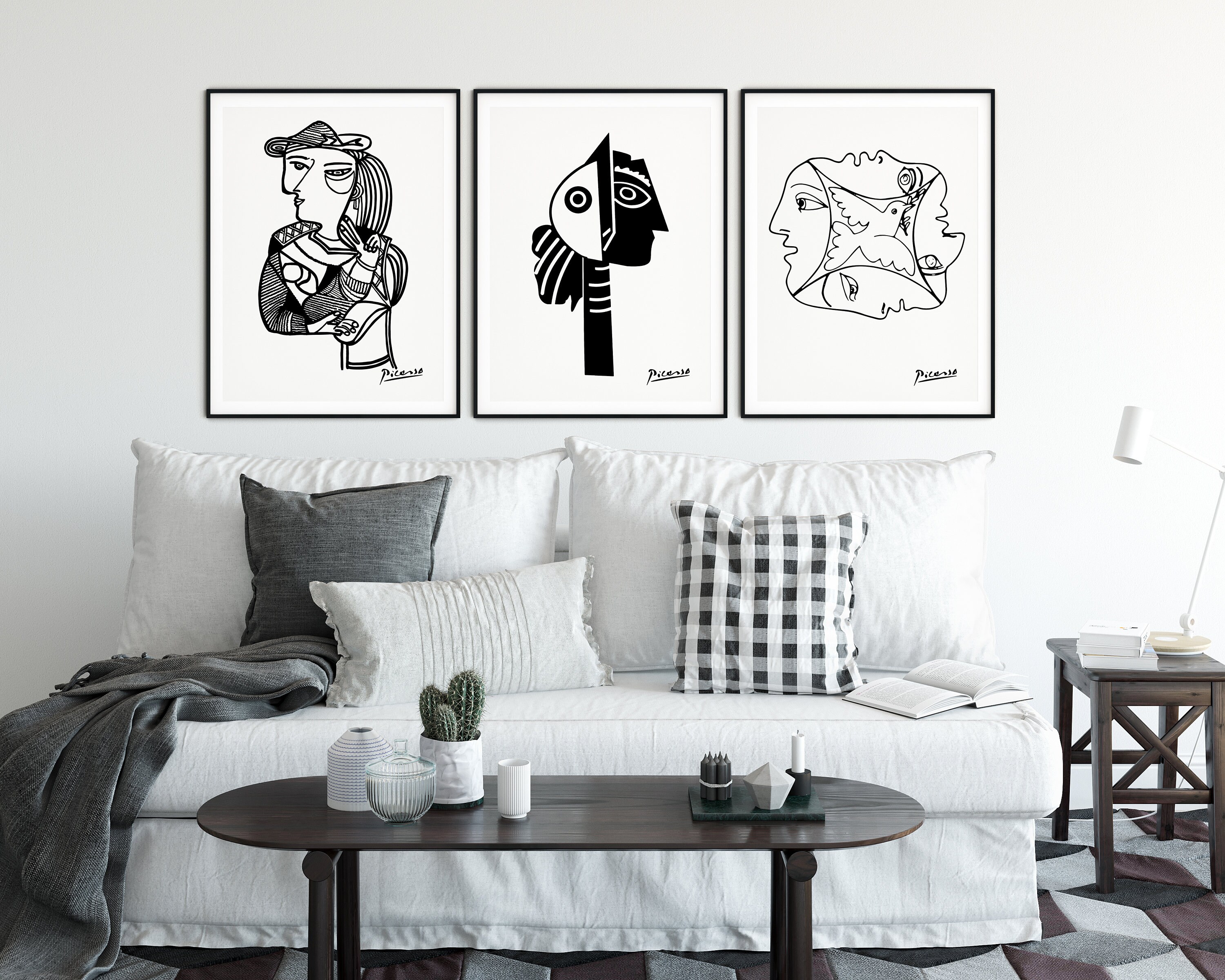 ピカソ アートプリント 3枚セット、白黒線画（デジタルダウンロード