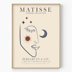 Einzeiliges Frauengesicht von Henri Matisse, Gesichtslinienzeichnung, Matisse-Ausstellungsplakat, minimalistische Galeriekunst, weibliche Gesichtskunst, Boho-Wandkunst