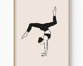 Impresión artística de parada de manos de yoga, silueta de mujer minimalista (descarga digital)