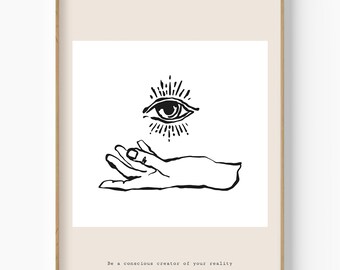 Impresión del zodiaco con ojo místico y mano, decoración de bruja bohemia (descarga digital)