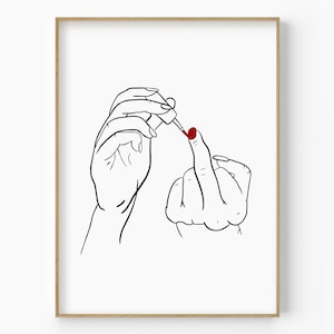 Art of Woman Applying Nail Polish on Middle Finger, Middle Finger One Line Art Print, Middle Finger Poster, Line Hand Drawing, Fashion Art