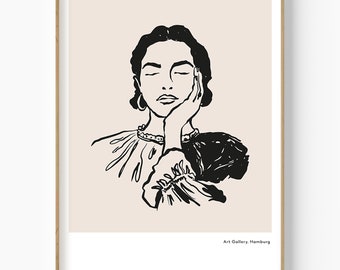 Impresión de arte lineal de mujer minimalista, dibujo en blanco y negro (descarga instantánea)
