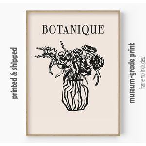Botánico abstracto, botánico neutro, arte de pared negra, cartel botánico, impresión nórdica, cartel dibujado a mano boho, ilustración de flores en jarrón