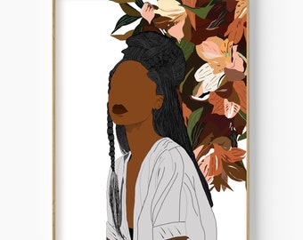 Retrato de mujer negra con flores, impresión artística bohemia (descarga digital)