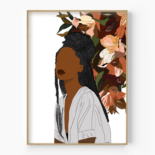 Head of Flowers Black Woman Portrait, African Woman Flower Art Print, Flower Girl, Boho Woman Poster, African American Art, Black Woman Art