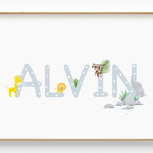 Kids Name Nursery Print, Animal Safari Nursery Print, Personalised Kids Room Art, Jungle Nursery Wall Art, Nursery Initial Letter  Wall Art