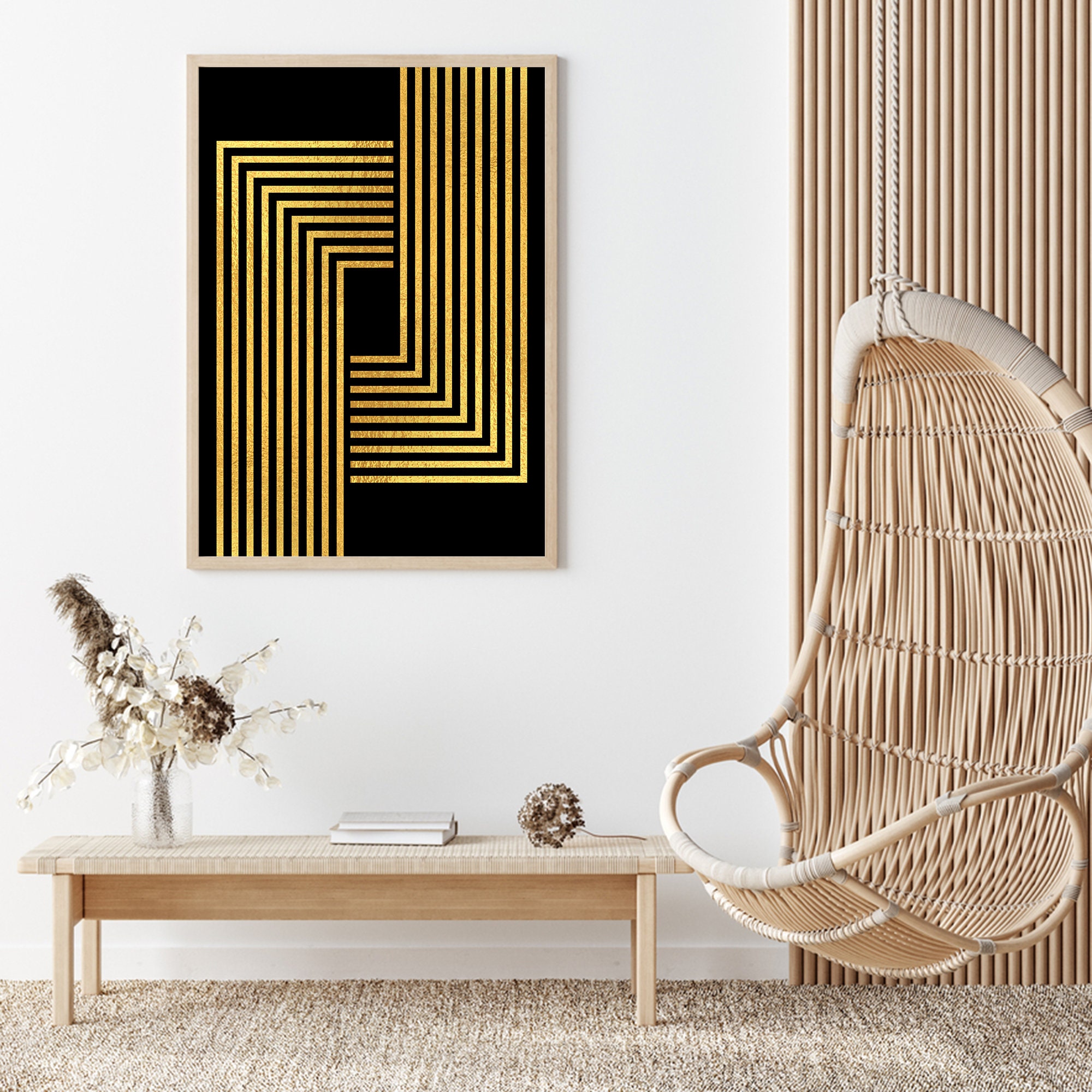 Geometric Gold and Black Wall Art Print Line Geometric Art | Etsy