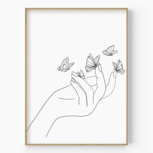 Butterfly Hand Line Art, Black and White Wall Art, Positive Poster, Hand with Butterflies Poster, Single Line Drawing, Minimalist Line Art
