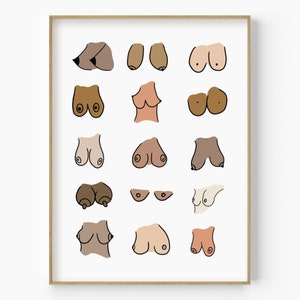 Colorful All Skin Breast Print, Sexy Boobs Line Art, Breast Poster, Breast Illustration, Nude Funny Boobies, Nice Boobs Body Positive Print image 1