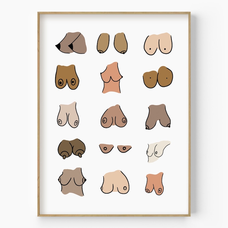 Colorful All Skin Breast Print, Sexy Boobs Line Art, Breast Poster, Breast Illustration, Nude Funny Boobies, Nice Boobs Body Positive Print image 1