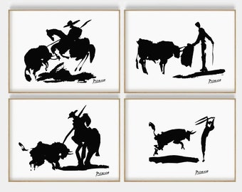 Picasso Bull Fight Set of 4 Prints, Picasso Bull Wall Art, Spanish Art, Picasso Bull Fight Sketch Print, Modern Galery Wall Art, Minimal Art