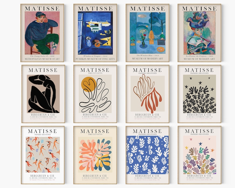 May include: A set of 12 printable art prints featuring the work of Henri Matisse. The prints are in a variety of styles, including abstract, figurative, and decorative. The prints are all in a minimalist style with white borders and black text. The text includes the artist's name, the title of the work, and the museum or gallery where the work is displayed.