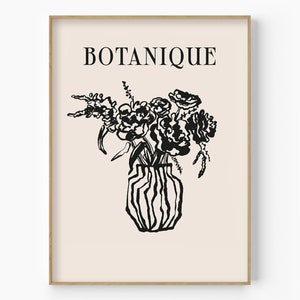 Flor dibujada a mano, ramo de flores en jarrón, cartel de ilustración botánica boho minimalista, impresiones botánicas escandinavas en blanco y negro