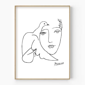 Picasso Woman with Dove Wall Art, Picasso War and Peace Artwork, Picasso Woman Face Sketch, Woman Line Drawing, Scandinavian Minimalist Art