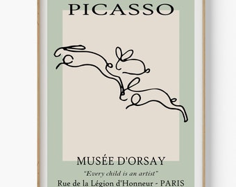ピカソのウサギの線画プリント：ミニマリストの保育園アート（デジタル
