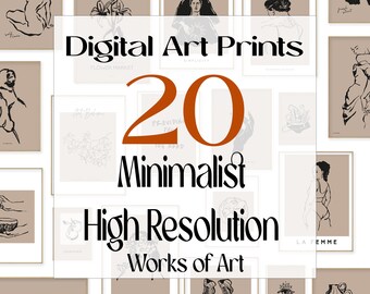 20 impresiones minimalistas de arte lineal, galería ecléctica (descarga digital)