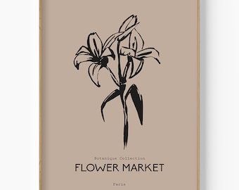 Impresión artística de un mercado de flores, decoración botánica minimalista para pared (descarga digital)