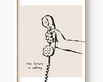 Vintage Telephone Line Art Print, Hand Drawn Rotary Phone (Digital Download)