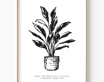 Impresión minimalista de helecho, arte botánico en blanco y negro (descarga digital)
