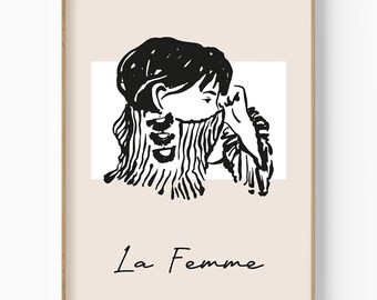 Impresión artística de línea de mujer, tinta en blanco y negro, estilo moderno de mediados de siglo (descarga digital)