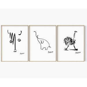 Wählen Sie 3 von 24 Tierzeichnungen, Picasso-Tierskizzendruck, Picasso-Ausstellungsplakat, Vintage-Tier-Linienkunst, Picasso-Tier-Set mit 3 Stück