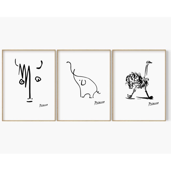 Wählen Sie 3 aus 24 Tiere Zeichnung, Picasso Tier Skizze Druck, Picasso Ausstellung Poster, Vintage Tier Line Art, Picasso Tier 3er-Set