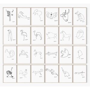 Todos los animales de Picasso en un paquete, Descarga de 24 animales de Picasso, Conjunto de 24 de Picasso, Impresión de arte de pared con bocetos de Picasso, Póster de exposición