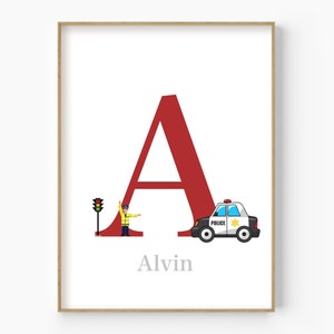 Policeman Personalised Kids Name Wall Art, Nursery Police Car Art Print, Kids Room Police Car And Name Prints, Initial Nursery Wall Art,