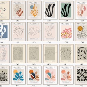 May include: A set of 48 printable art posters featuring abstract line art, geometric shapes, and floral designs in a minimalist style. The posters are in a muted color palette of beige, brown, blue, green, and pink. Each poster features the text "MATISSE" and "BERGGREEN & CIE".