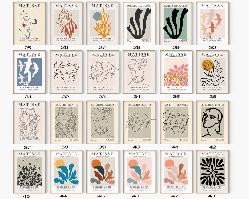 May include: A set of 48 printable art posters featuring abstract line art, geometric shapes, and floral designs in a minimalist style. The posters are in a muted color palette of beige, brown, blue, green, and pink. Each poster features the text "MATISSE" and "BERGGREEN & CIE".
