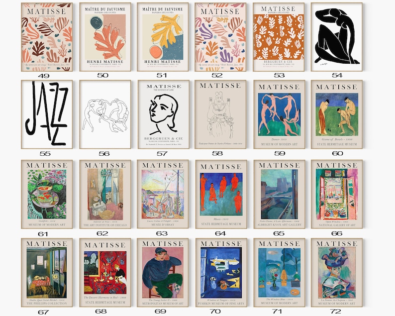 May include: A collection of 12 Matisse art prints featuring various paintings and sketches. The prints are in a grid format and each print has a white border. The prints are all in black and white except for the print in the top right corner, which is in color.