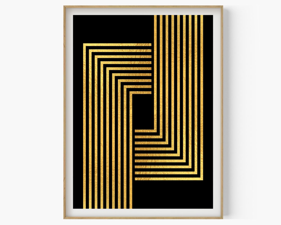 Geometric Gold and Black Wall Art Print, Line Geometric Art