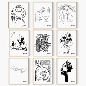 Choisissez 9 dessin de Picasso sur 24, lot de 9 esquisses de Picasso, impression, affiche Picasso noir et blanc, dessin au trait Picasso, art mural scandinave