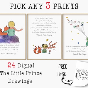 3 aus 24 Der Kleine Prinz Digitale Zeichnung, Le Petit Prince Buchkunst, Kinderzimmer Wand Kunst Set, Kinderzimmer Dekor, Aquarell Plakat