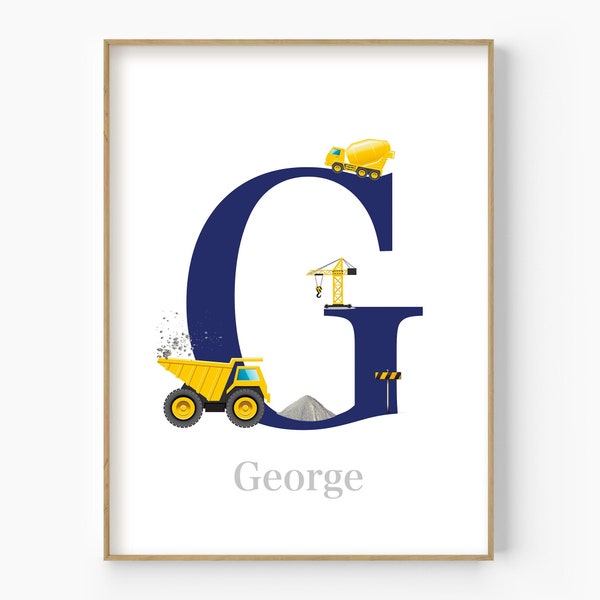 Personalised Construction Trucks Nursery Print, Personalised Kids Name Character Art Prints, Boys Bedroom Wall Decor, Initial Letter Art