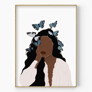 Woman Head of Colored Butterfly, African American Art, Black Woman Art, Portrait Black Girl, Black Girl Magic, Girl Poster Fashion Woman Art