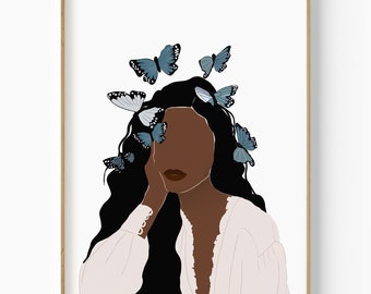 Black Woman Butterfly Portrait, African American Art (Digital Download)