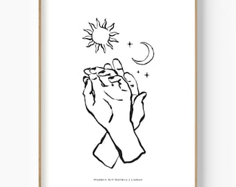 Mystic Hands Sun and Moon Line Art Print, Boho Celestial Decor (Instant Download)