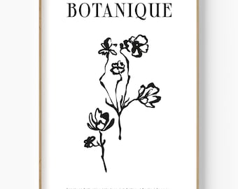 Impresión botánica lineal en blanco y negro, estilo moderno de mediados de siglo (descarga digital)